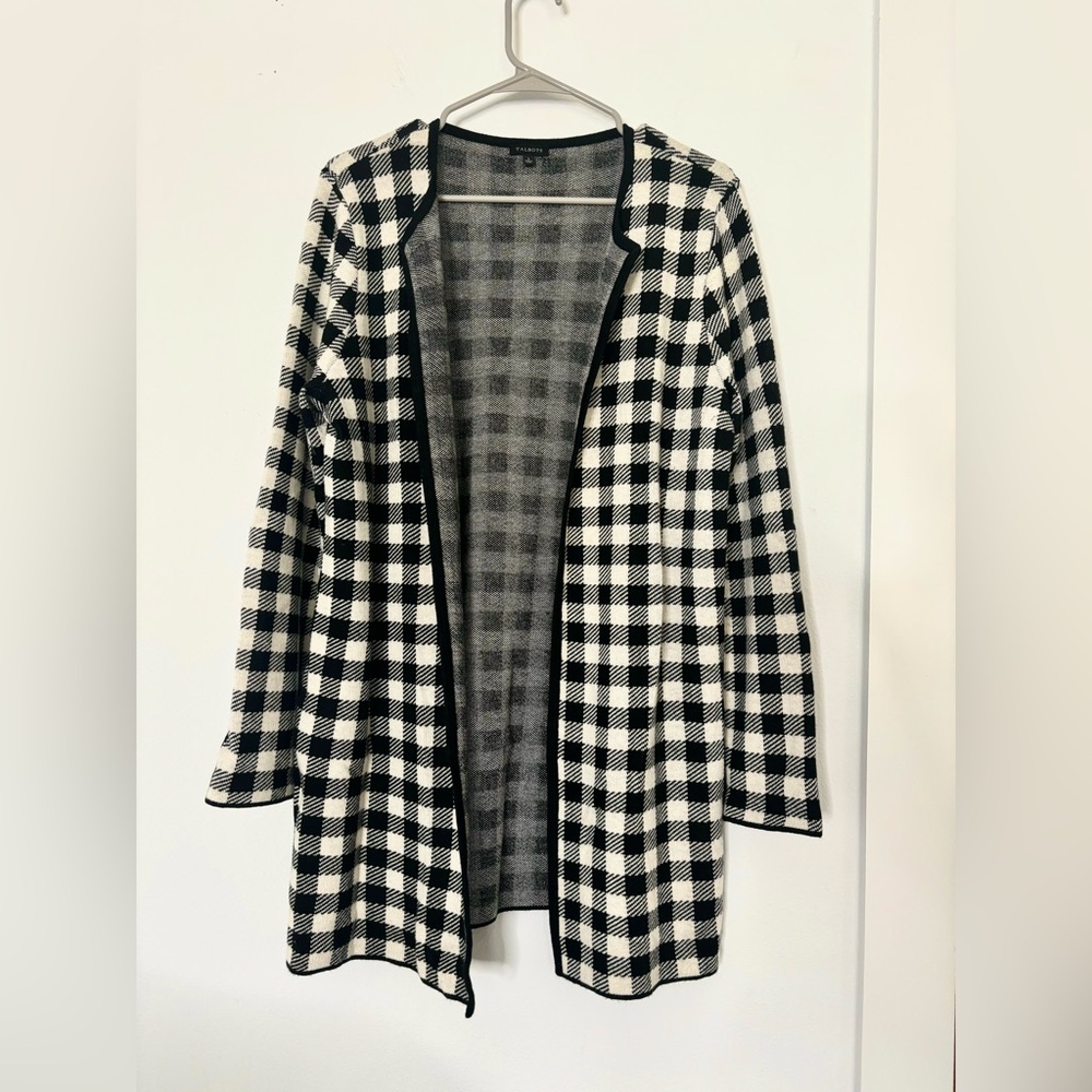 Talbots gingham wool blend long lined black & white cardigan sz Large NWOT